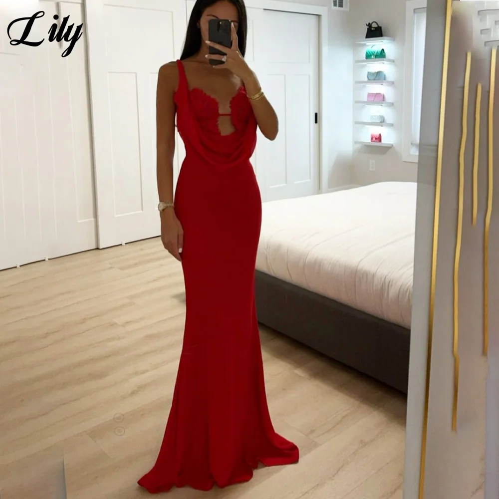 

Lily Red Sexy Prom Dress Deep V-Neck Spaghetti Straps Prom Gown Satin Hollow Formal Gown for Woman vestidos de fiesta Customized