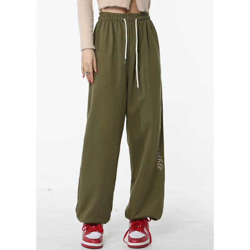 Pantalon de survêtement vert pour femmes, lettres imprimées, ample, taille haute, Vintage, Baggy, mode américaine, jambes larges et droites