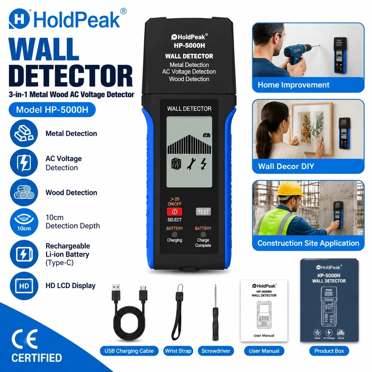 HoldPeak 5000H 3-in-1 Wall Detector Metal Wood AC Live Wire Scanner Rechargeable LCD Display for Electrician Home