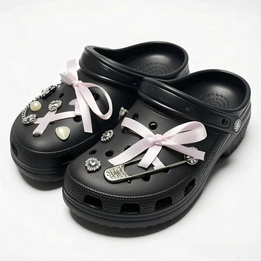 11-teiliges Sommer-Mode-Schuhcharms-Set: Zubehör für Clogs, Schuhschnallen, Diamant-Pin-Ketten, rosa Bänder, DIY-Schuhdekoration – Detail 2