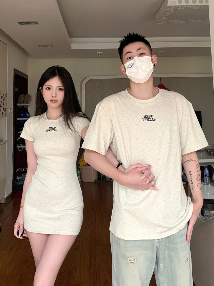 Couple's Summer American Style round Neck Short Sleeve T-Shirt And  Dress Trendy Design Casual Loose Fit Youth Fashion