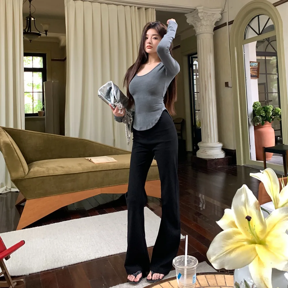 ハイウエストフレアパンツ レディース スリムロングパンツ 秋冬新作 デザインブラ 多用途 ハイライズ カジュアルパンツ