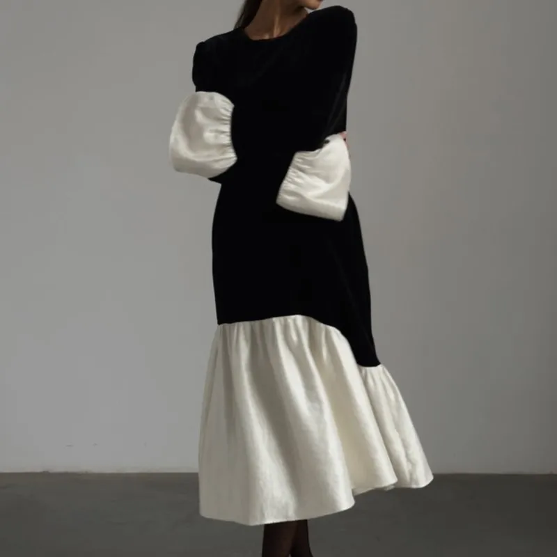 

Fashion O-neck Patchwork Loose Mermaid Dress Women's 2025 Autumn Spring Solid Flare Sleeve Temperament Dresses Female Streetwear