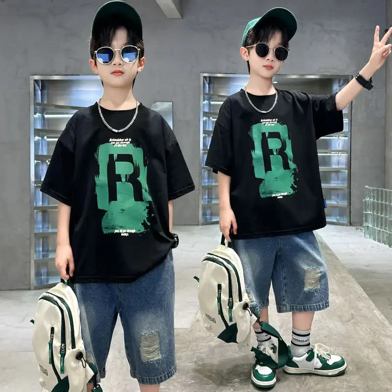 

2026 Summer Boys 2Pcs Clothing Set Korean Style Pure Cotton T Shirt Denim Shorts Fashion Teenage Kids Sporty Casual Outfit