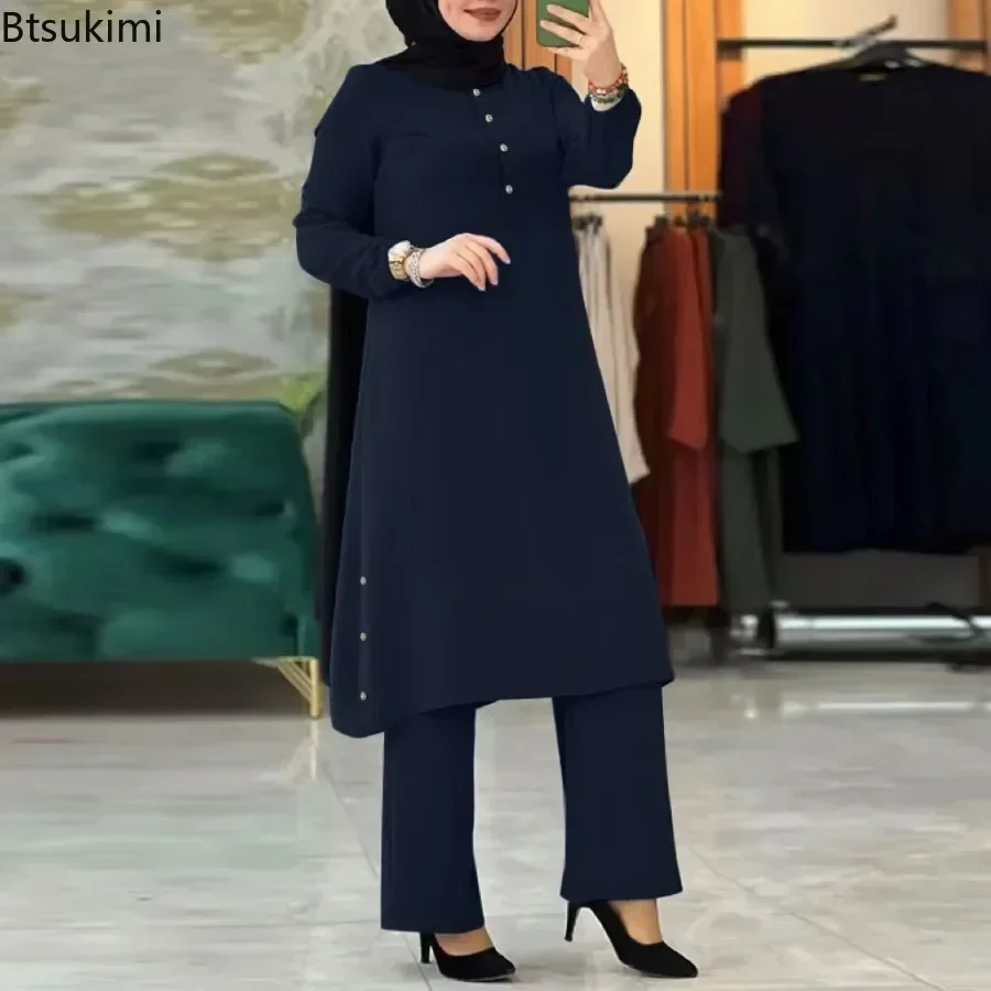 Arab Women Blouse Muslim Fashion Matching Sets Women\'s Elegant Tracksuit Casual Solid Shirt+Wide Leg Pants Suit Modest Clothing