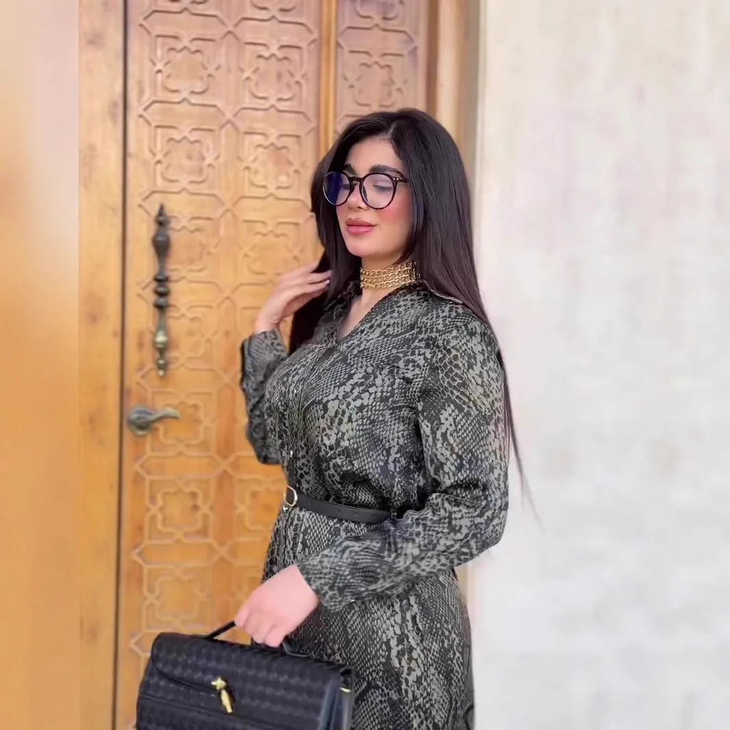 Retro Snake Printing Shirt Dresses Spring Women Single Breasted Long Sleeves Dress Autumn High Waist Straight Knee Length Dress