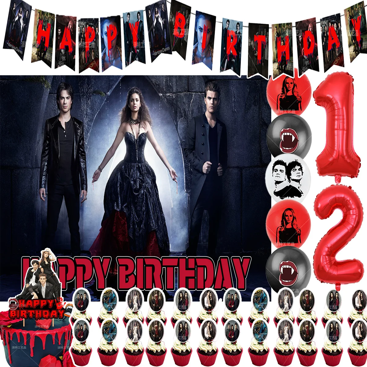 The-Vampireing-Diaries Thema Geburtstag Party Supplies Dekor Horrorfilm Ballon Kuchen Topper Banner Hintergründe Babyparty Requisiten
