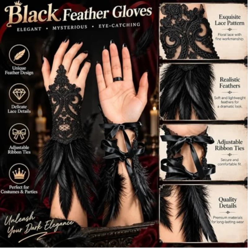 Feather Cuff Bracelet Gloves Vintage Lace Y2k Gothic Style Wristband For Performance Halloween Cosplay Party Costume Accessories