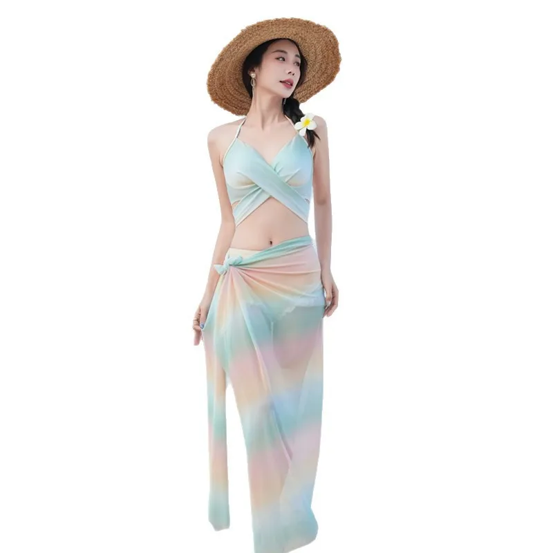 Women's 3 Piece Bikini Set Colorful Striped Swimwear High Waisted Bathing Suit for Beach Resort Hot Spring