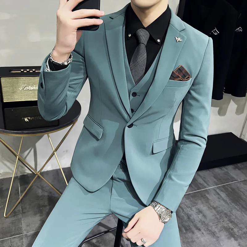 (Jacket + Vest + Pants) High-end Brand Boutique Fashion Solid Color Business Office Mens Casual Business Suit Groom Wedding Gown