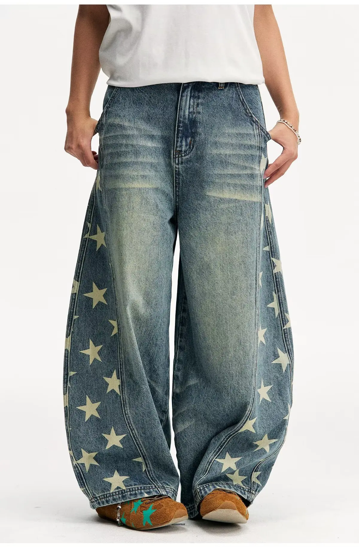 Siren Chic Summer Wide Leg Jeans Men's Women's Loose Fit Printed High Street Straight Cut Long Trousers Korean Style Polyester