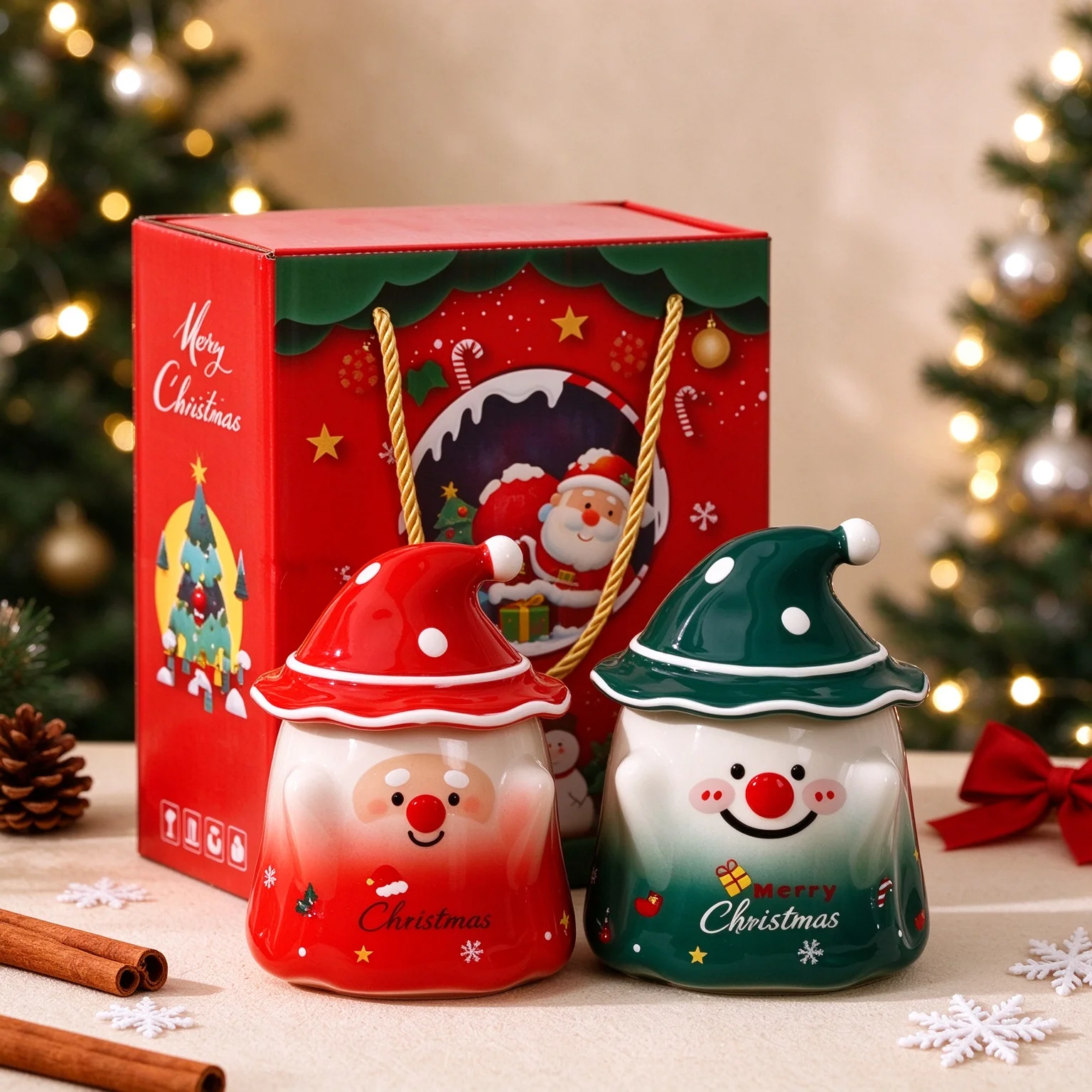 Xmas Gift Box Gnome Ceramic Mug, Creative Elf Hat Design Cup with Lid, Festive Coffee Cup, Perfect Christmas Present