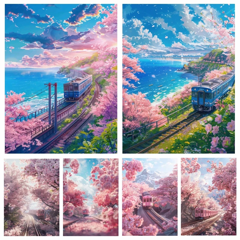 5D Diamantmalerei Fantasy Sakura Zug Voll-Diamant-Mosaik Landschaft Kreuzstich-Sets Heimdekoration
