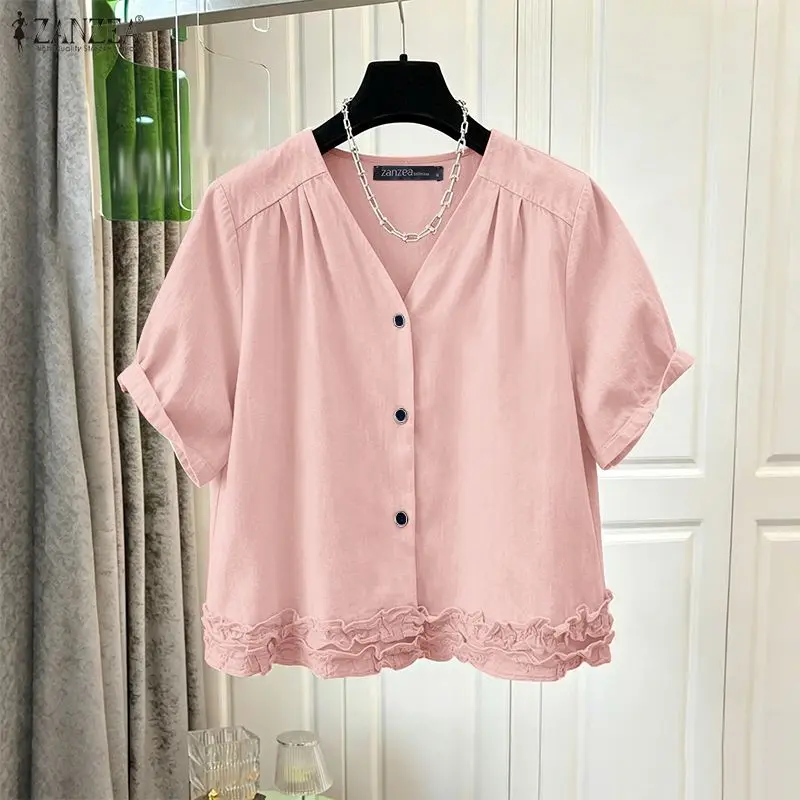 ZANZEA Woman V-Neck Shirts 2026 Summer Short Sleeve Solid Ruffled Trim Button Up Tops Daily Casual Everyday Wear Chemise Femme