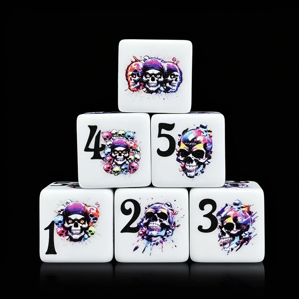 12Pcs 16MM D6 Acrylic Printed Dice Graffiti Splash Colorful Skull Pattern For DND RPG Tabletop Board Game Party Gaming Dice Toy