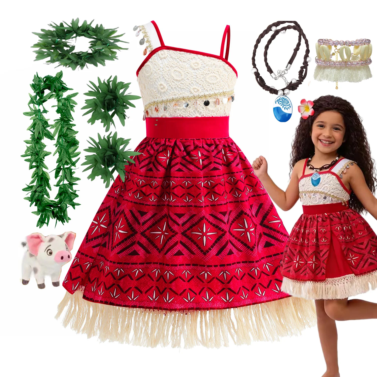 2026 Filmheldin Süßes Moana Kleid Ausgeschnittenes Mädchen Sommer One-Shoulder Prinzessinnenkleid Halloween Voyager Vaiana Kostüm