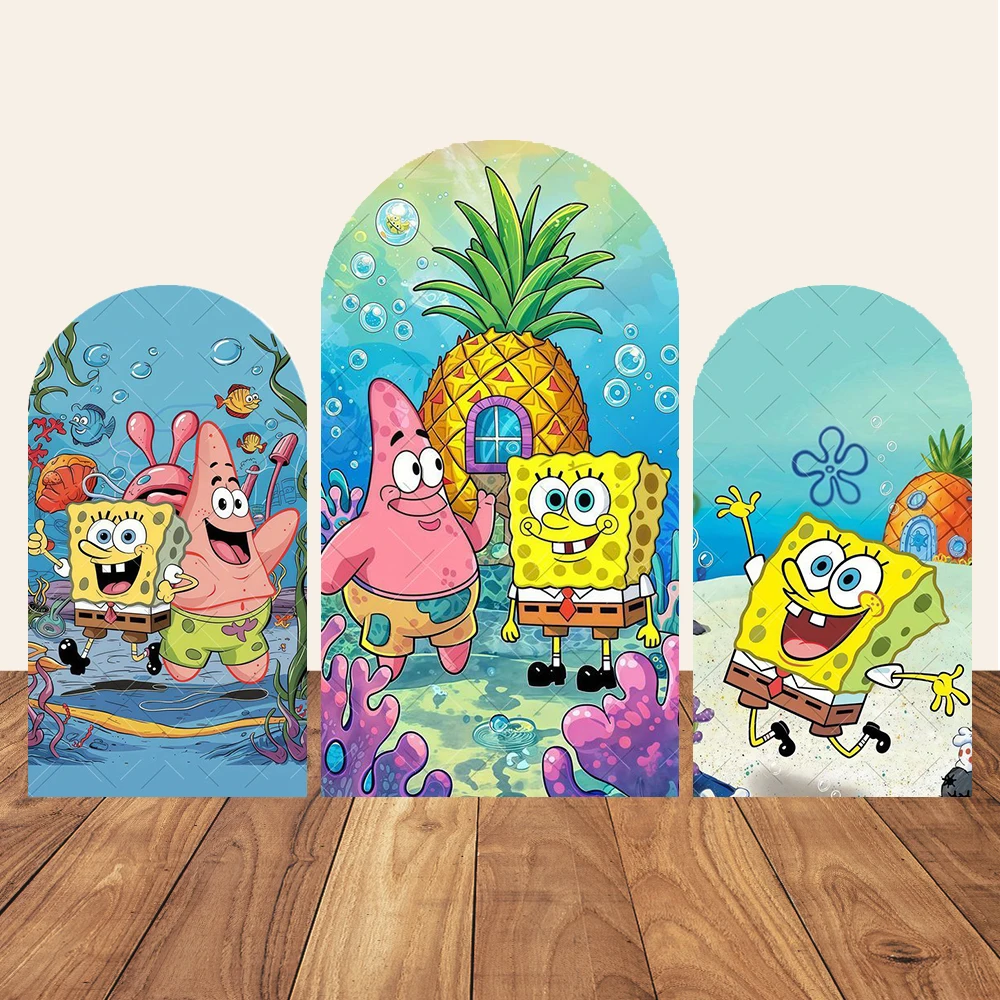 

Cartoon SpongeBobs Arch Backdrops Cover Children Boys Girls Birthday Party Photo Background Photographic Decoration Props