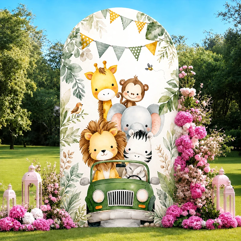 

Jungle Animals Arch Backdrop Cover Kids Boy Girl Birthday Party Decoration Safari Car Pattern Baby Shower Photograph Background