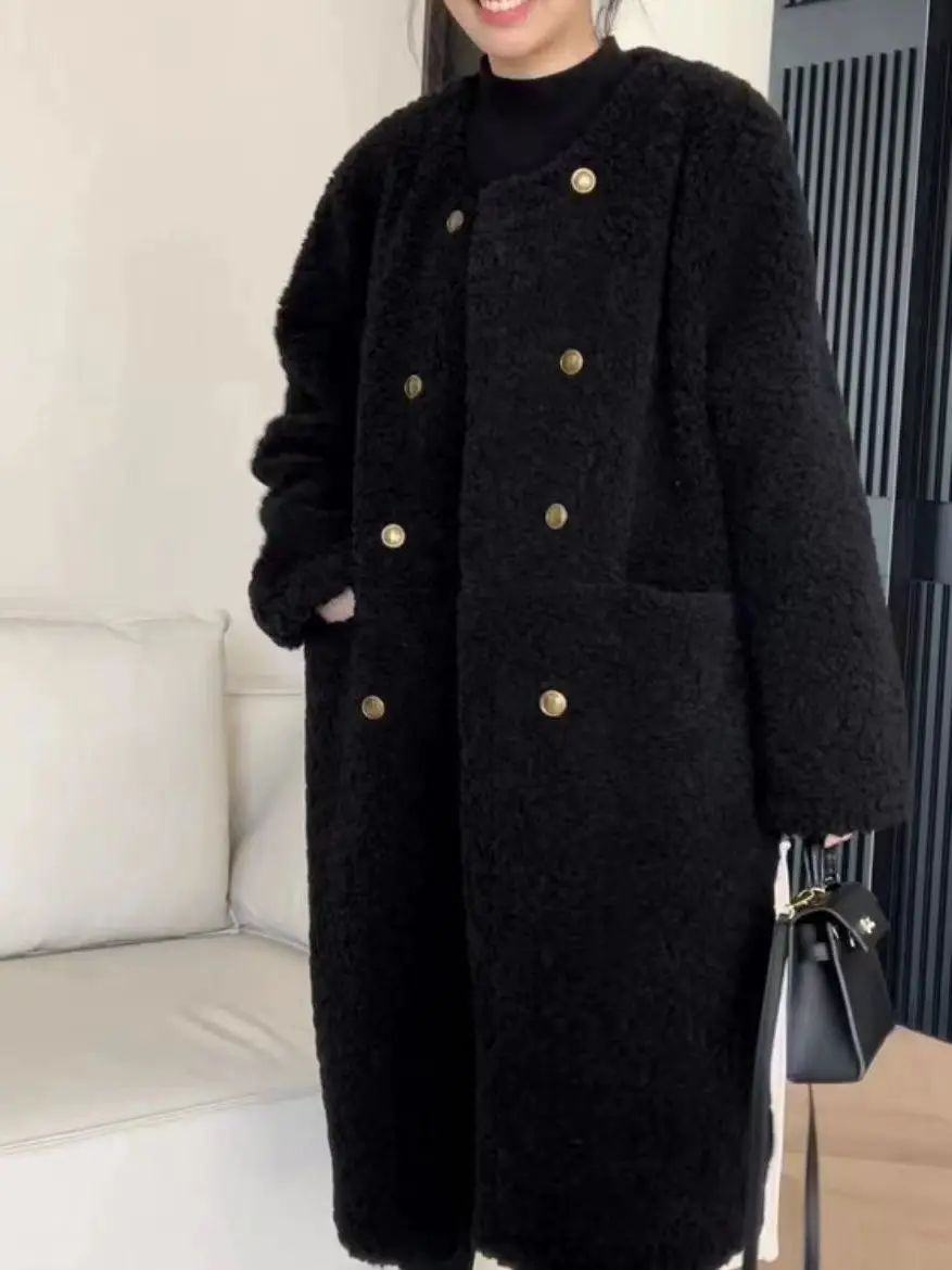 Warme, bezaubernde, lange Lammfell-Jacke, lockere, vielseitige Winter-Oberbekleidung, Polyesterfaser, langer Sve, runder Ne-Doppelknopf