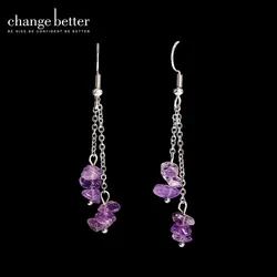 Change Better Natural Amethyst Crystal Gravel Stainless Steel Drop Earring For Women Reiki Healing Energy Stone Dangle Earring