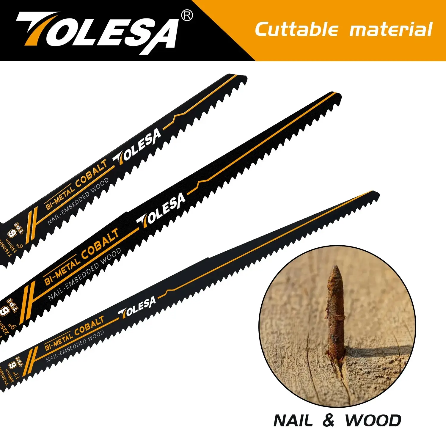 TOLESA 5PCS Reciprocating Saw Blades for Wood Window Door Demolition and Construction Bi-Metal with Cobalt Sharp Cutting 6TPI