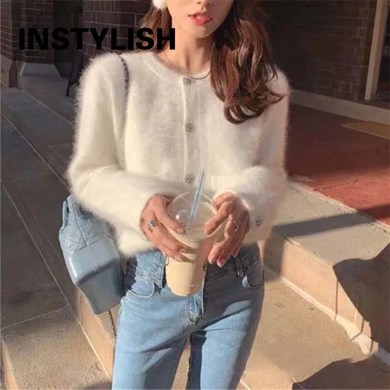 

Women Elegant Cashmere Cropped Cardigan Knitted Sweater Coat Women Korean Harajuku Button Up Slim Cardigans Streetwear 2022 New