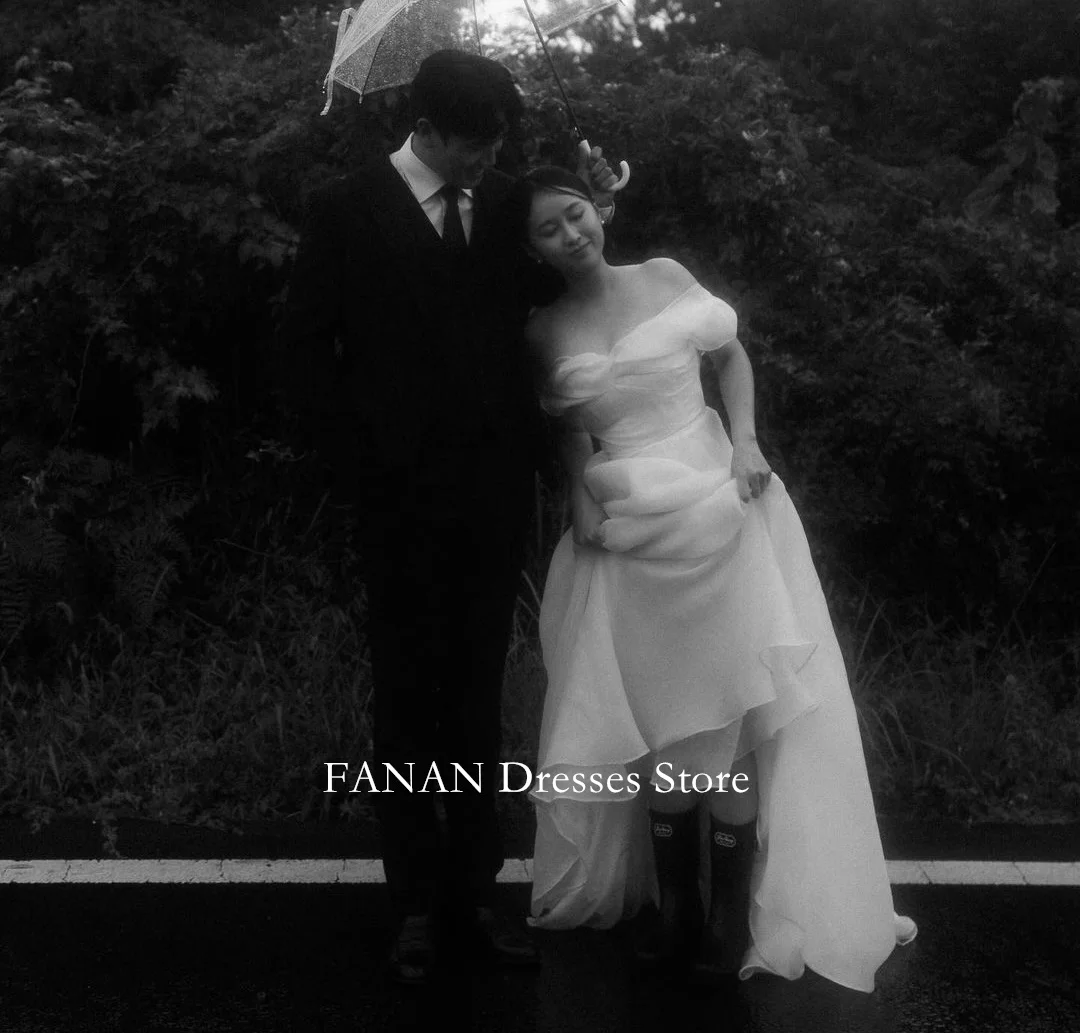 

FANAN Off Shoulder Korea Ivory Organza Wedding Dresses 웨딩드레스 Custom Made A-Line Corset Sweep Train Bride Gowns Plus Size