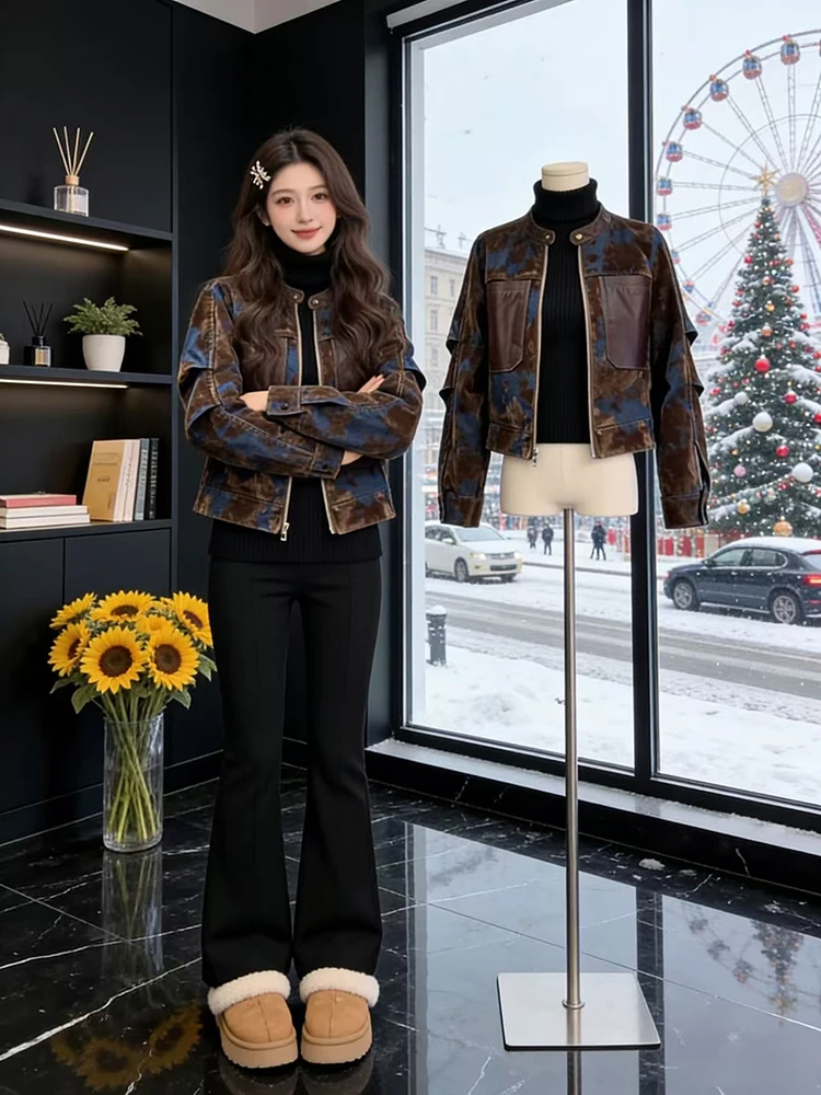 

Spring 2026 New Faionable Retro Leather Jaet Women's Loose ort Coat Sli Commute Sle round Ne Zipper Closure