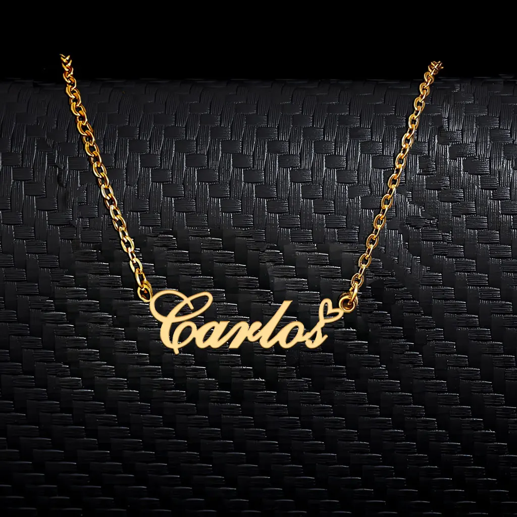 

AOLOSHOW Trendy Carlos with Heart Pendant Name Necklace for Women Stainless Steel Gold Plated Jewelry Mother's Day Gift