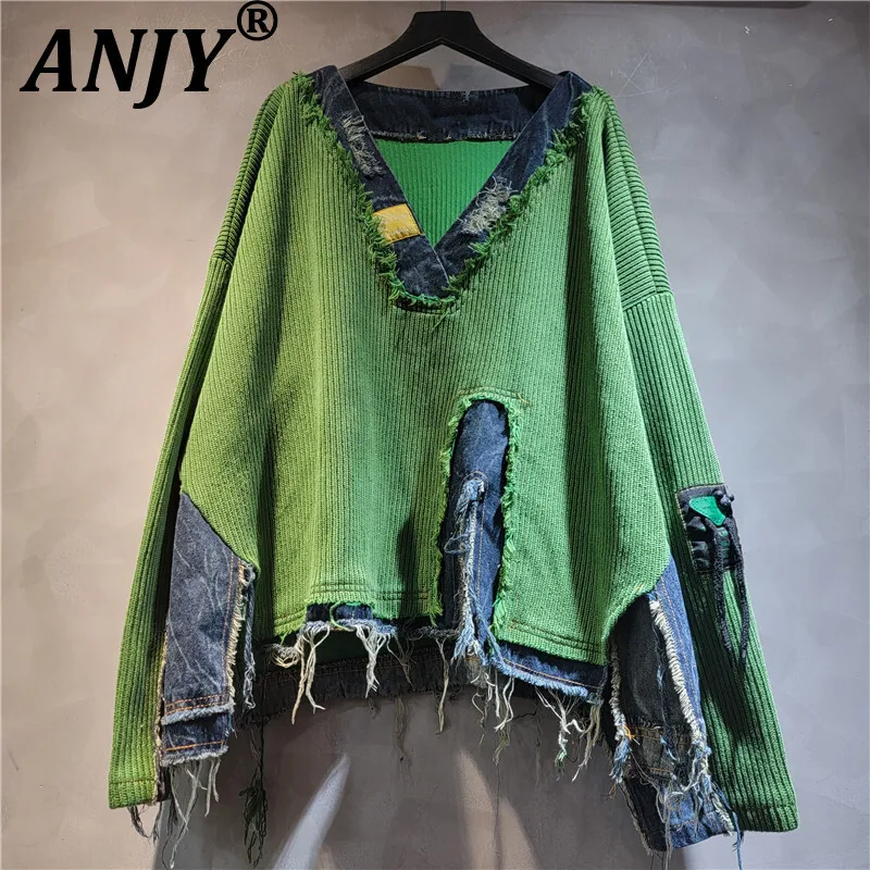 

ANJY 2022, осень-зима, новый женский модный лоскутный джинсовый вязаный свитер с v-образным вырезом, свободный утягивающий универсальный повседневный уличный свитер A16461