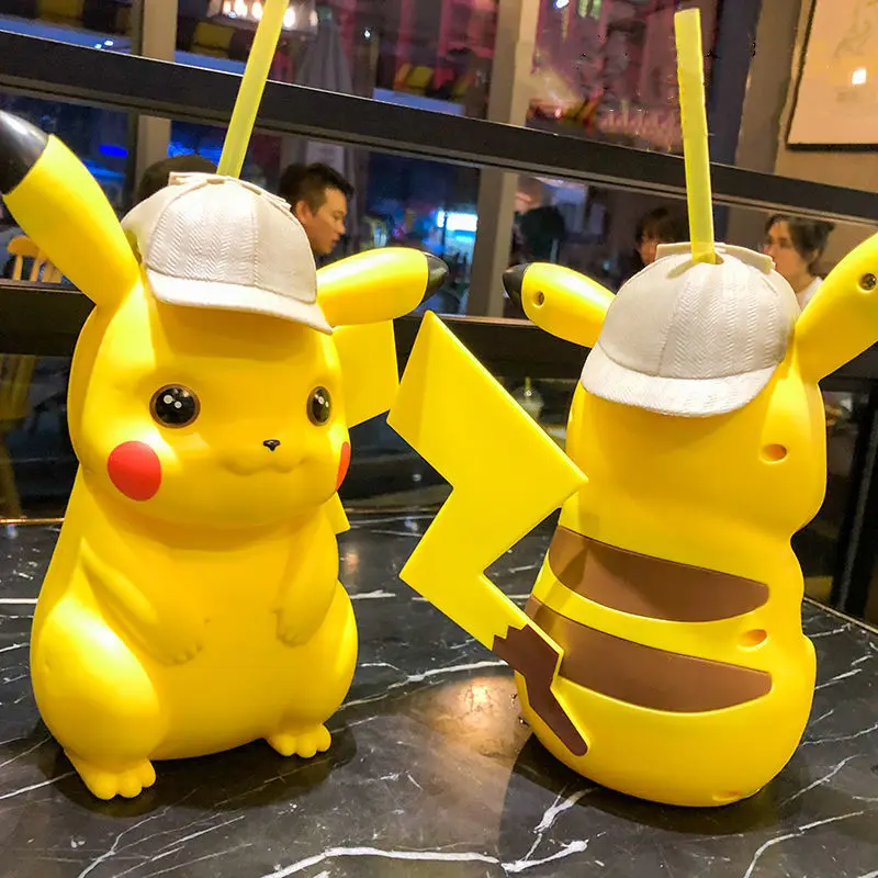 Vaso de Paja de Detective Pikachu de Pokémon, Diseño de Figura de Anime Kawaii, Vaso de Agua Antiderrames, Regalo para Niños