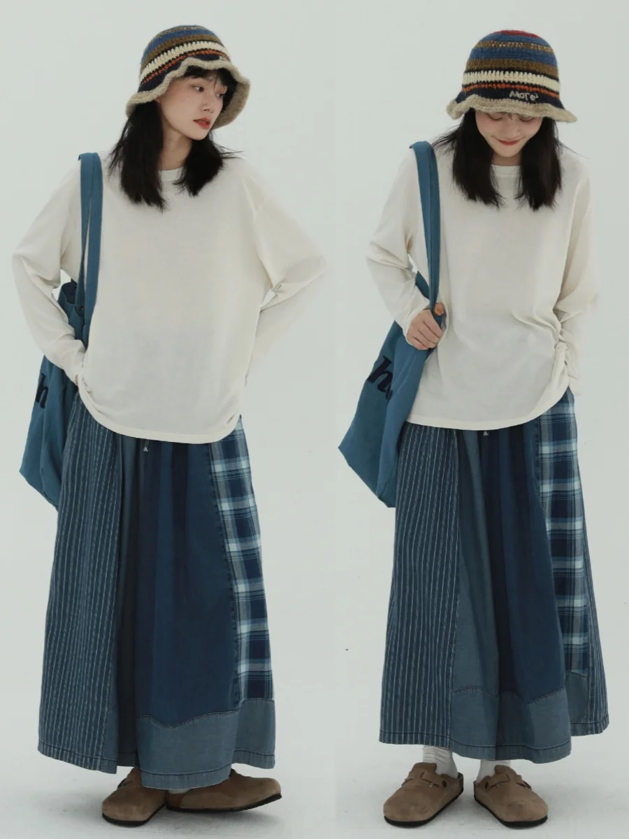 Rare Japanese Style High Waist Wide Leg Jeans Women's Loose Drapey Patchwork Denim Trousers Floor-Length Casual Pants
