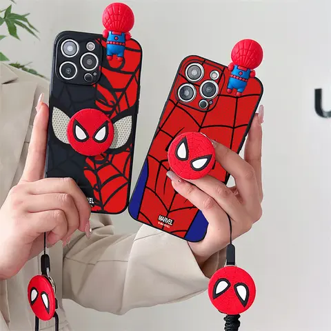 스파이더 맨 아이언 맨 홀더 스탠드 전화 케이스 iPhone 15 14 13 12 11 Pro X XS Max XR 6 6S 7 8 Plus 미니 SE 장난감 스트랩 로프 커버