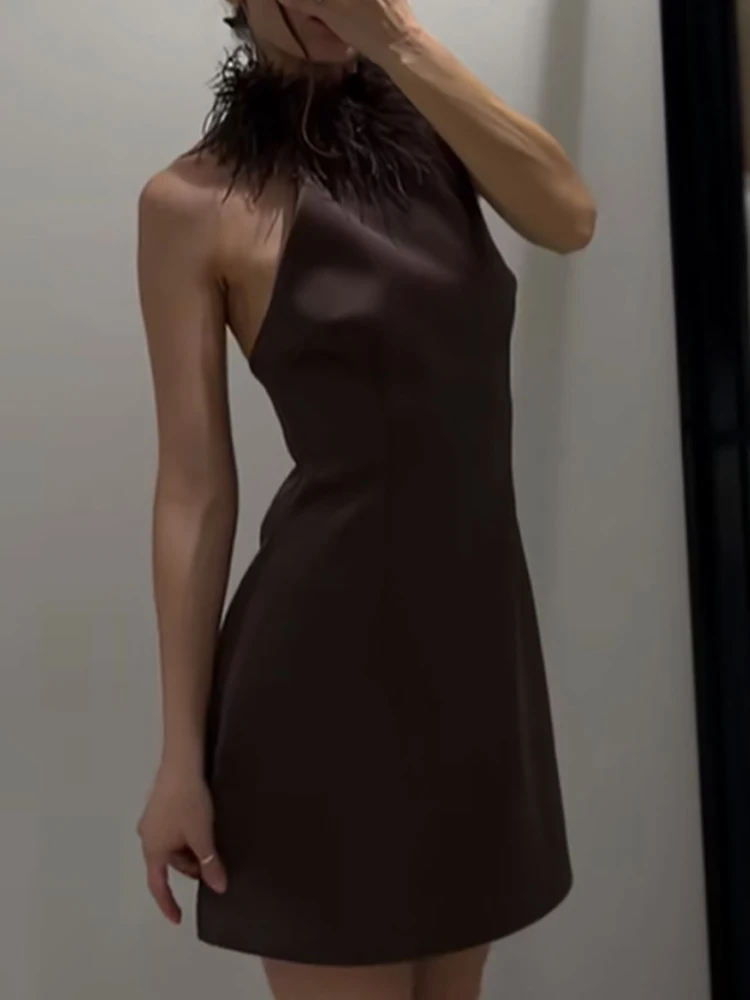 Casual Women's Bareback Slim Birthday Dress Chic Feather Sleeveless Holiday Dress Cocktail Party Solid Color Summer Short Dress