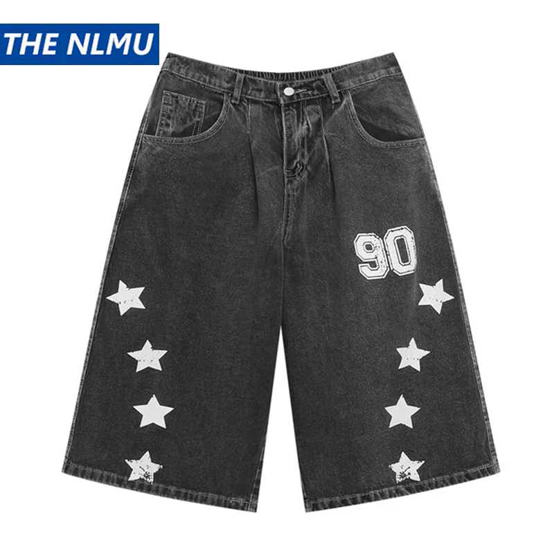 

Мужские потертые джинсовые шорты, лето 2024, винтажные широкие укороченные брюки со звездами и буквенным принтом, уличная одежда в стиле Харадзюку, короткие брюки Y2K