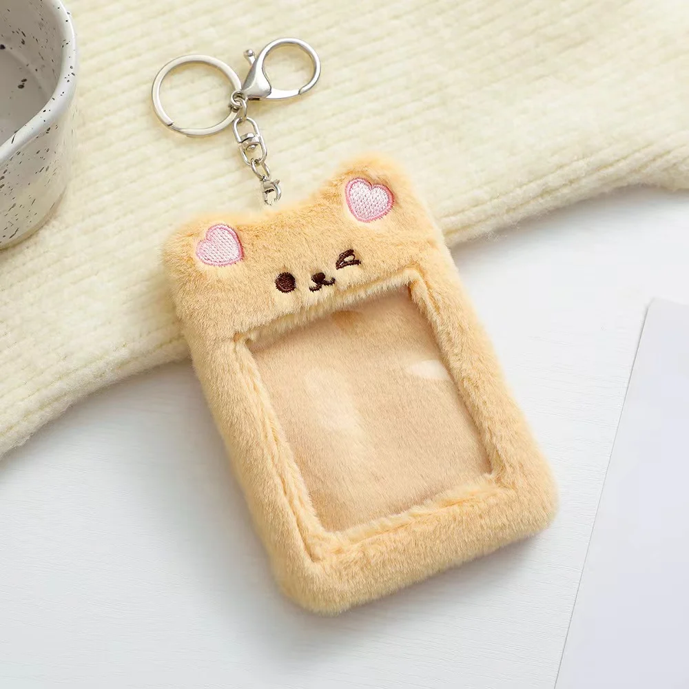 Kawaii Bear Tiger Plush Kpop Photocards Card Holder With Chain Protector Idol Photo Sleeves Credit ID Bank Card Stationery view 5