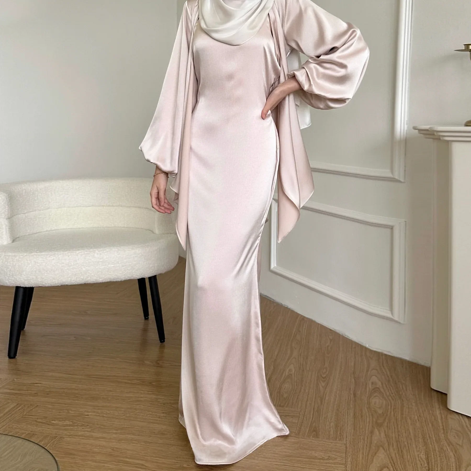 2 Piece Sets Women Outfit Satin Muslim Top and Dress Set Woman Shirt Blouses Kimono Luxury Islamic Clothing Matching Suit Turkey