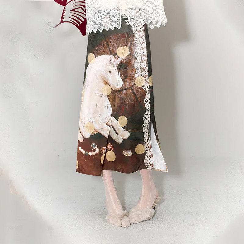 ELFSACK Women Boho Horse Print Skirt, Mid-Length A-Line Skirt with Lace Detail & Side Slit for Spring Summer