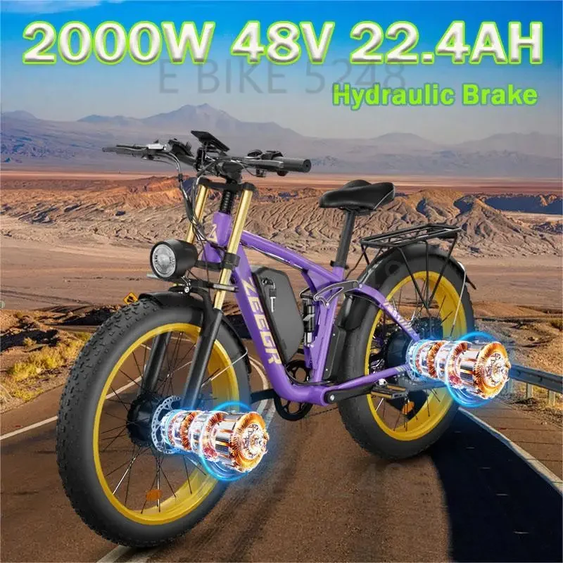 E bike Zeegr S1 2000W 48V 22.4AH Dual battery Full suspension power Bicycle bike 26inch fat tire hidden Snow Beach Electric bike