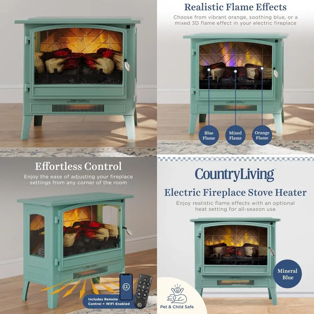 

Country Living Infrared Freestanding Electric Fireplace Stove Heater in Mineral Blue | Multiple Flame Colors, Metal Design with
