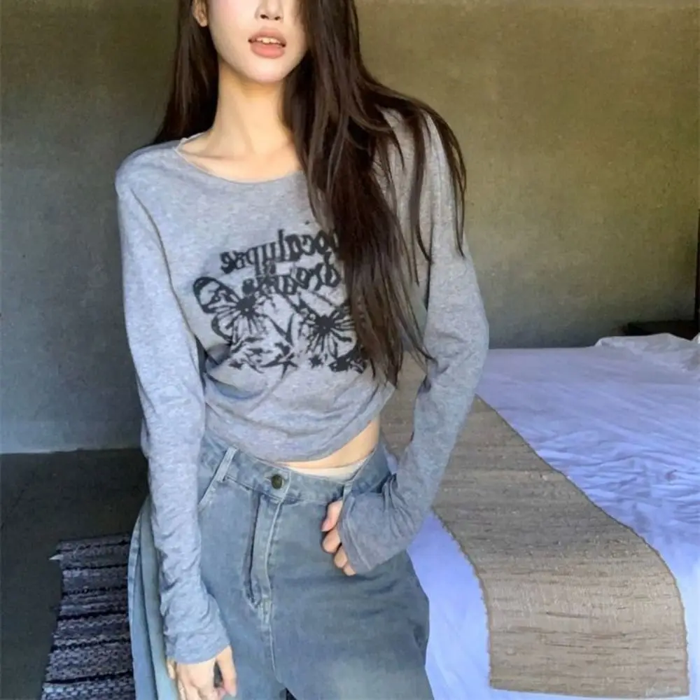 

Stylish Ruffle Long Sleeve T-shirt Letter Butterfly Retro Shirts Women Round Neck Chic Slim Fit Pullover Streetwear