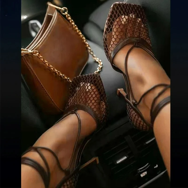 

Eilyken Spring Women Pumps Mesh Sandals Shoes Female Square Toe High Heel Lace Up Cross-tied Stiletto Hollow tacones de mujer
