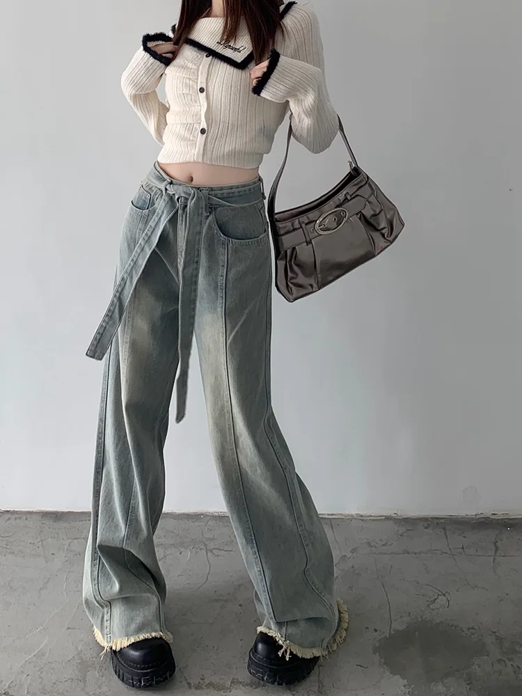 

Slergiri Mid Waisted Raw Hem Loose Jeans Women Streetwear Oversize Washed Vintage Straight Leg Denim Pants with Belt