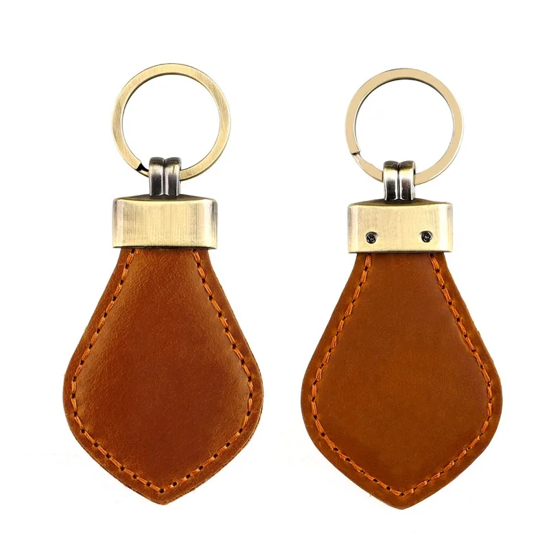 

Retro Dermis Leather Metal Droplet Shaped Creative Personalize Laser Engrave Car Keyring Customized LOGO Keychain Blank