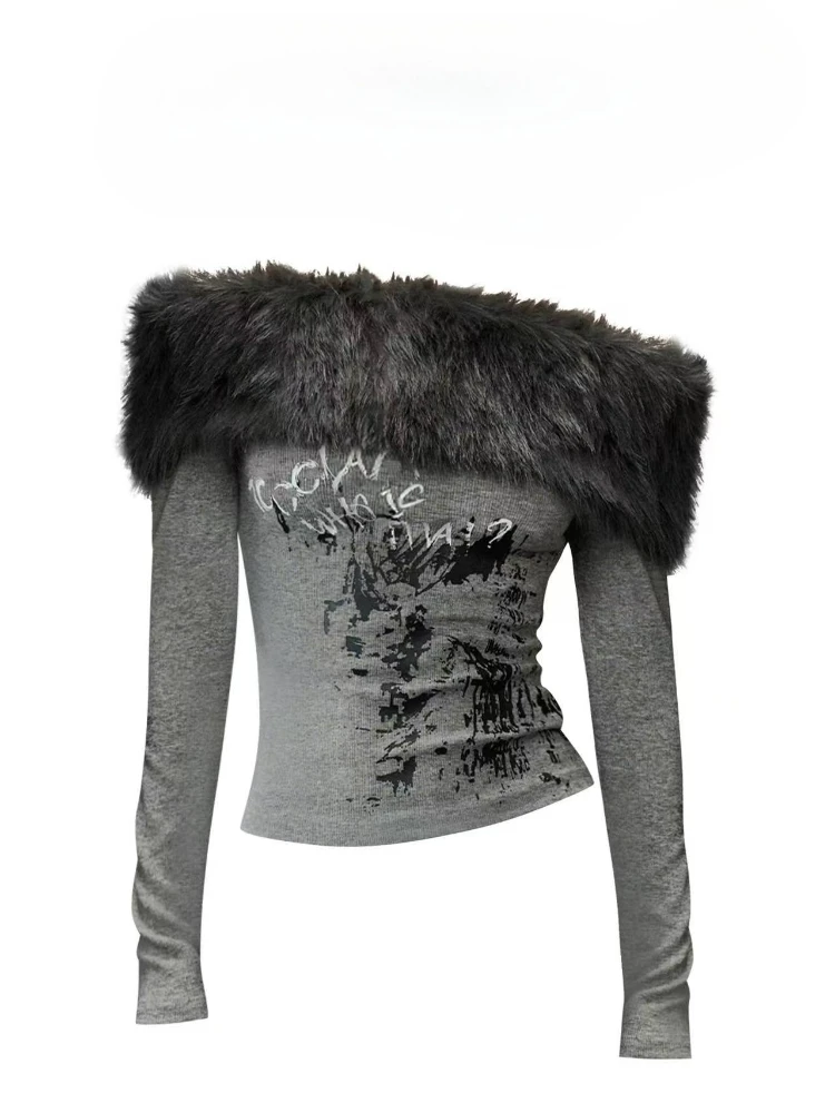 American Style Spicy Girl Faux Fur Tops Off Shoulder Long Sleeve Slim Fit Tops Woman Casual Sweet Korean Fashion Blouse