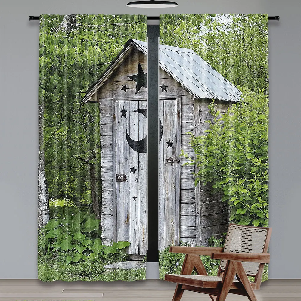 2Pcs Outhouse Curtain Vintage Farm Life Cottage Barn Shed In Forest Trees Leaves For Bedroom Living Room And Dining Room B