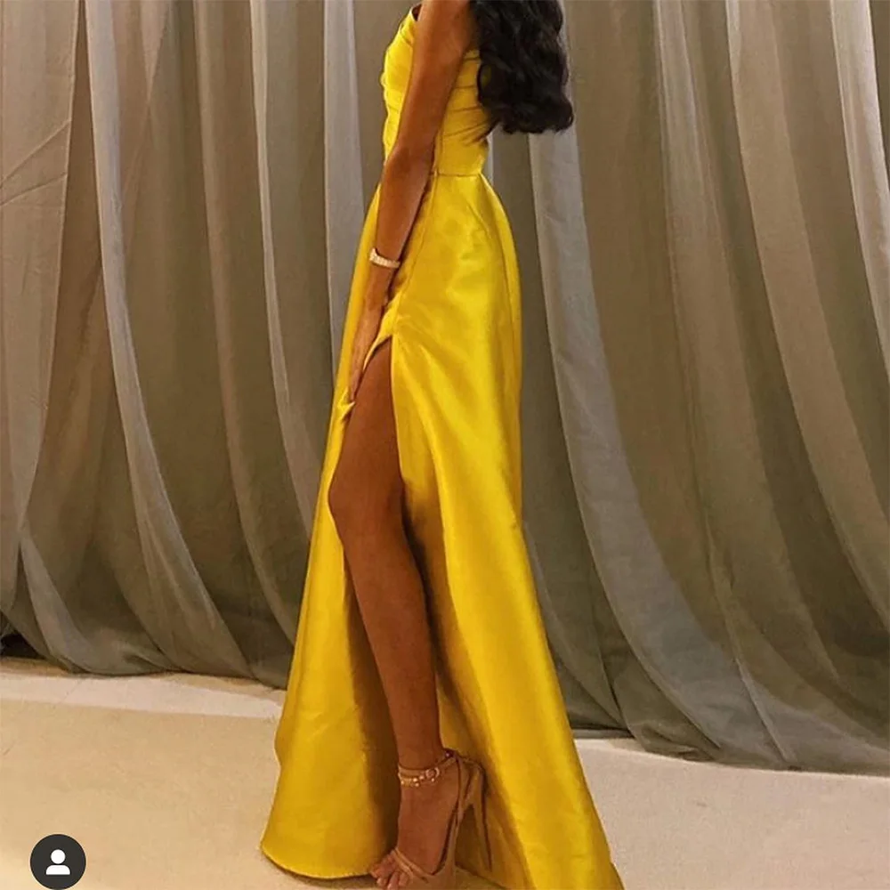 Customized  Exquisite Pleat Floor Length Side Slit A-Line Vestidos De Fiesta Satin Off The Shoulder Sleeveless Платье