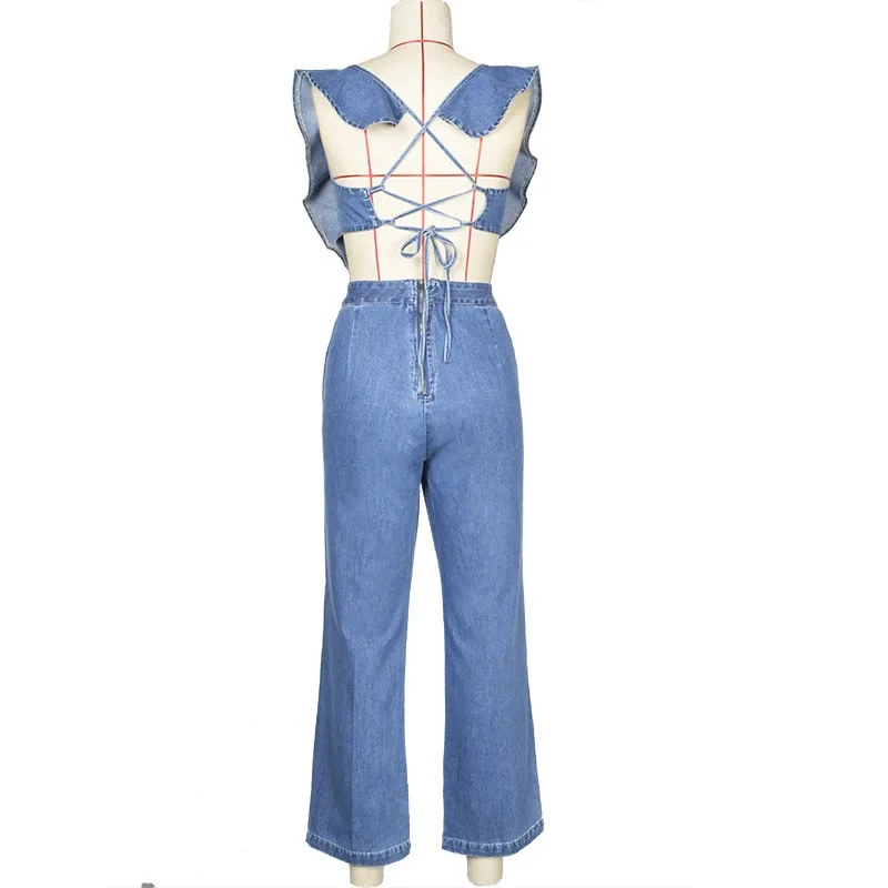 Summer Women Denim Jumpsuit Sexy Backless Lace-up Jeans Romper Woman Casual Ruffles Sleeveless Wide Leg Jumpsuit Streetwear