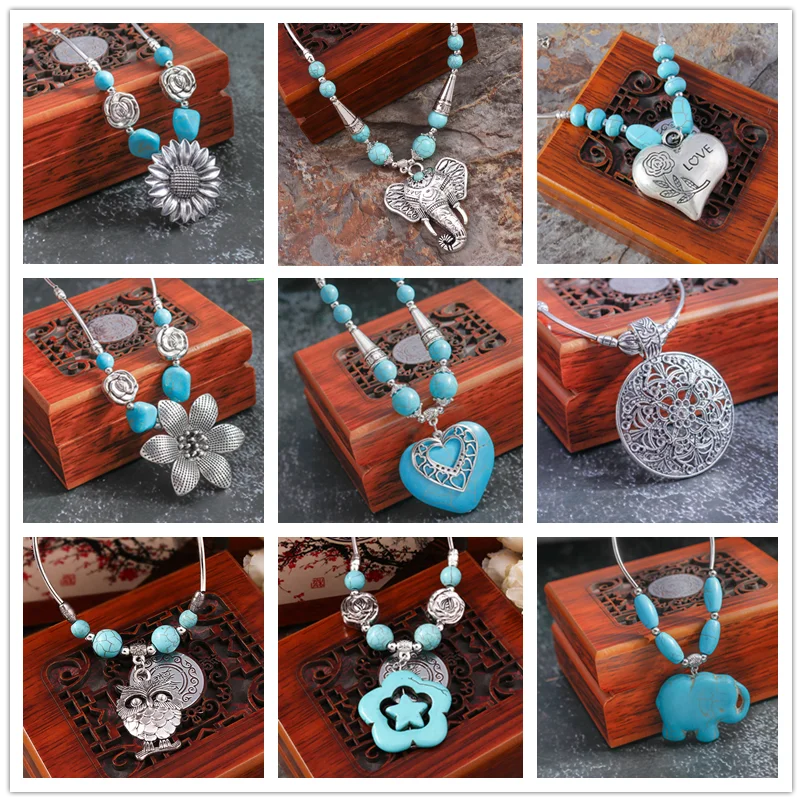 Aihua Bohemian Turquoise Necklace for Women Big Statement Jewelry Retro Royal Party Jewelry Necklace & Pendants Accessories