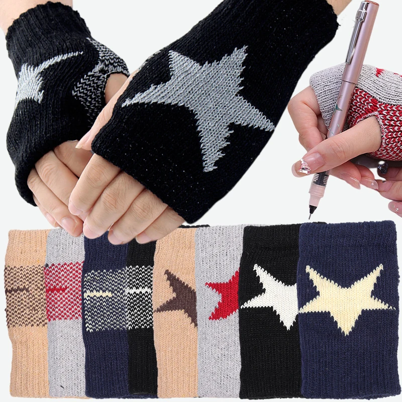 

2023 New Korean Autumn Winter Knitted Woolen Gloves Fashion Y2K Men Women Half Finger Warm Five Pointed Star Fingerless Gloves